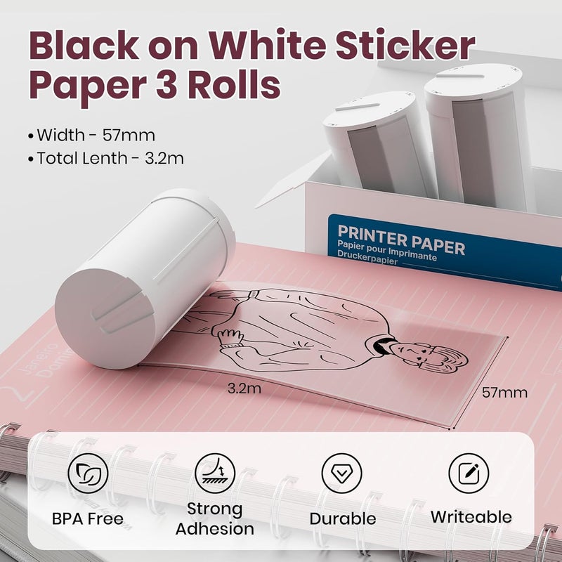 ETIKEZ Genuine Self-Adhesive Thermal Printer Stickers, Compatible with PM290C Mini Sticker Printer, Black on White, 54mmx3.2m Sticker Paper for Journal, Study, Photos, Note, 3 Rolls, Transparent - Image 2
